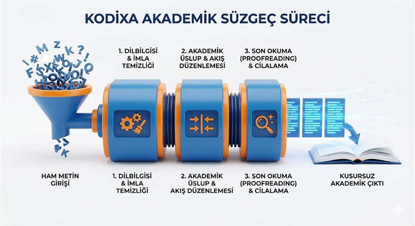 Kodixa akademik editörlük ve metin düzenleme süreci infografiği