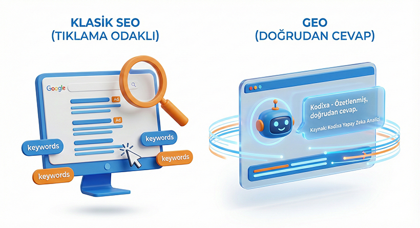 Klasik SEO ve Yapay Zeka Destekli GEO Karşılaştırması - Kodixa 3D Görsel